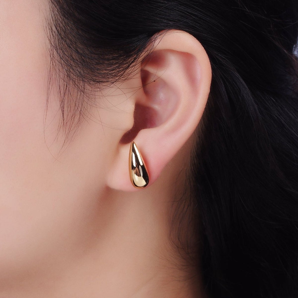 16K Gold plated 17.5mm Teardrop Dome Minimalist Stud Earrings | AE892 - DLUXCA