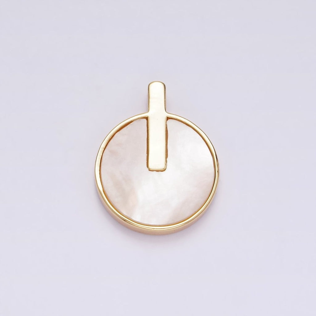 16K Gold plated 20.5mm Bar Lined Shell Pearl Round Minimalist Bezel Pendant | AA679 - DLUXCA