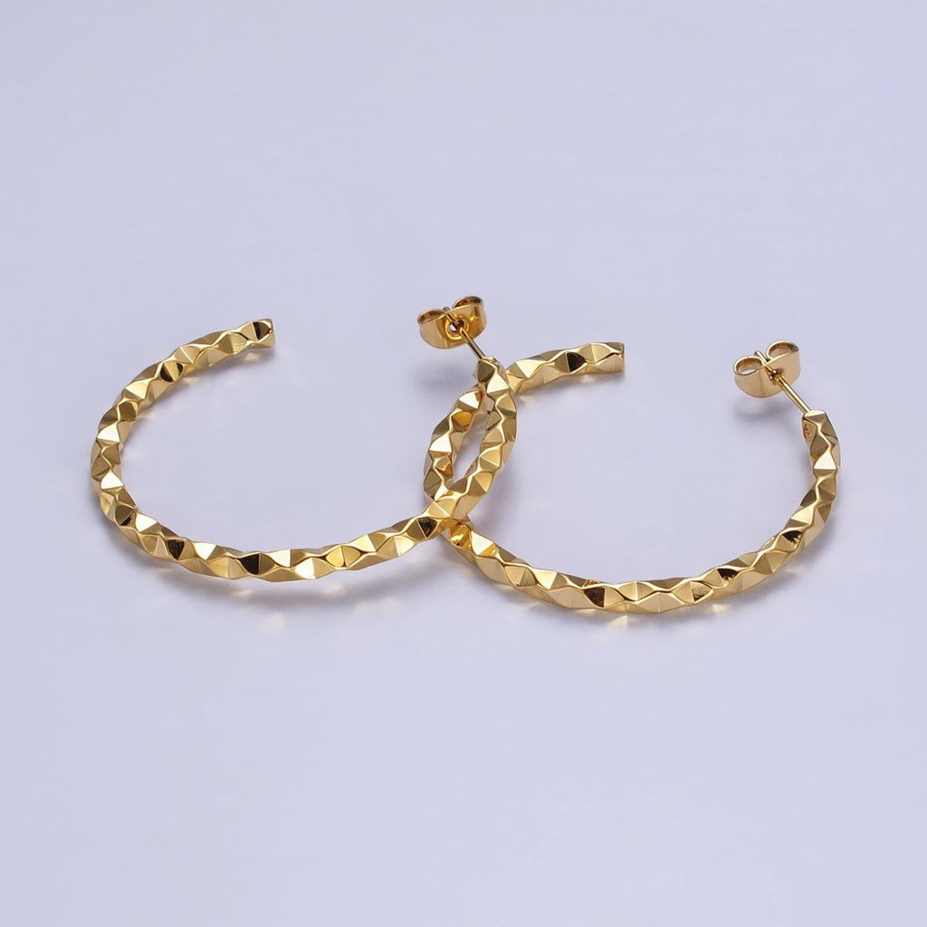 16K Gold plated 20mm, 25mm, 40mm Dented Geometric C-Shaped Hoop Earrings | AB183 AB142 AB182