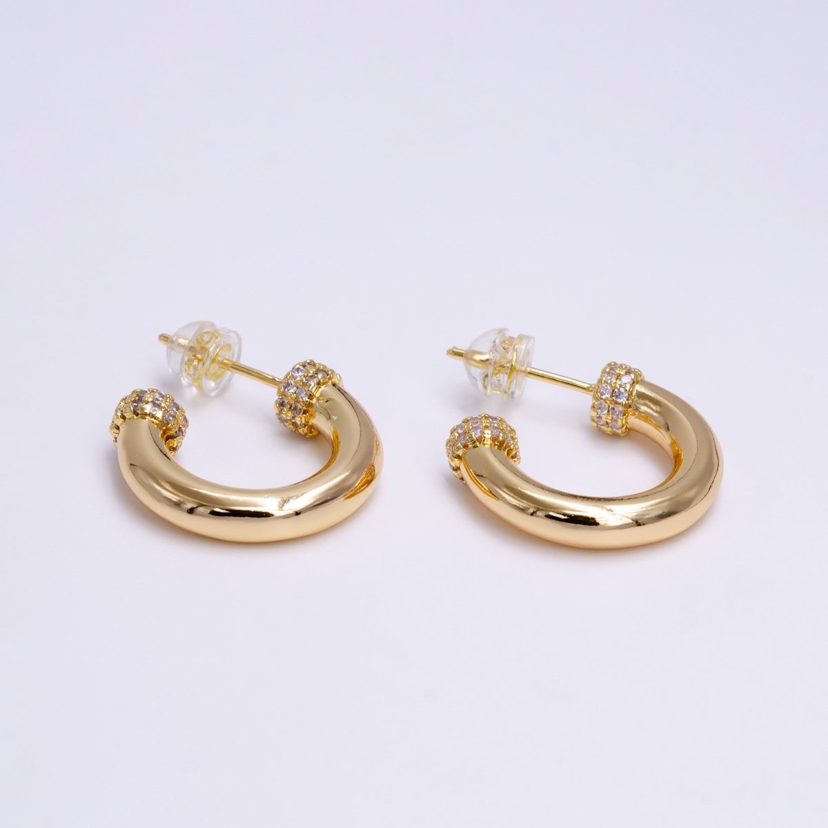 16K Gold plated 20mm Clear Micro Paved CZ Nail C-Shaped Hoop Earrings in Gold & Silver | AE791 AE792