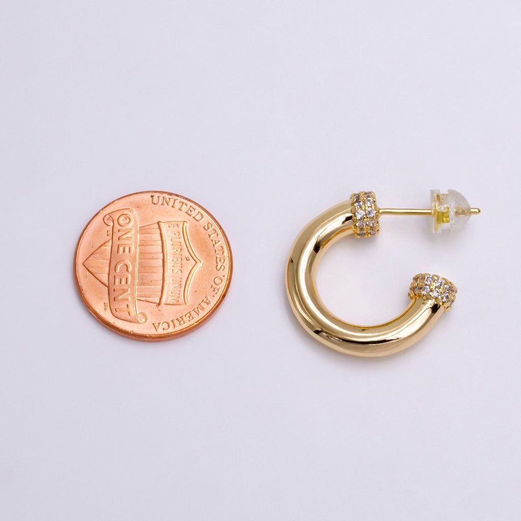 16K Gold plated 20mm Clear Micro Paved CZ Nail C-Shaped Hoop Earrings in Gold & Silver | AE791 AE792