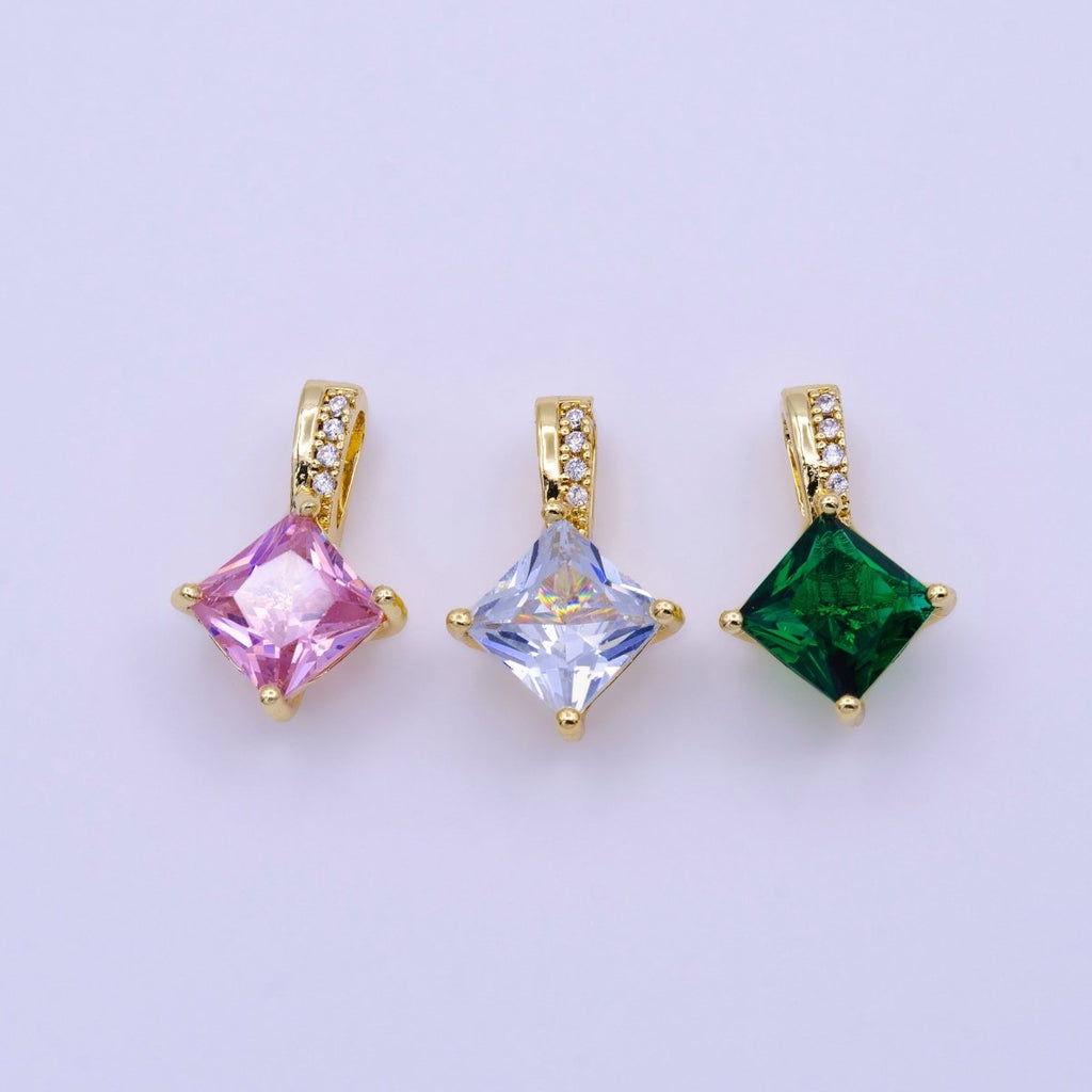 16K Gold plated 20mm Clear, Pink, Green Rhombus CZ Micro Paved Bail Pendant | AA417 - AA419