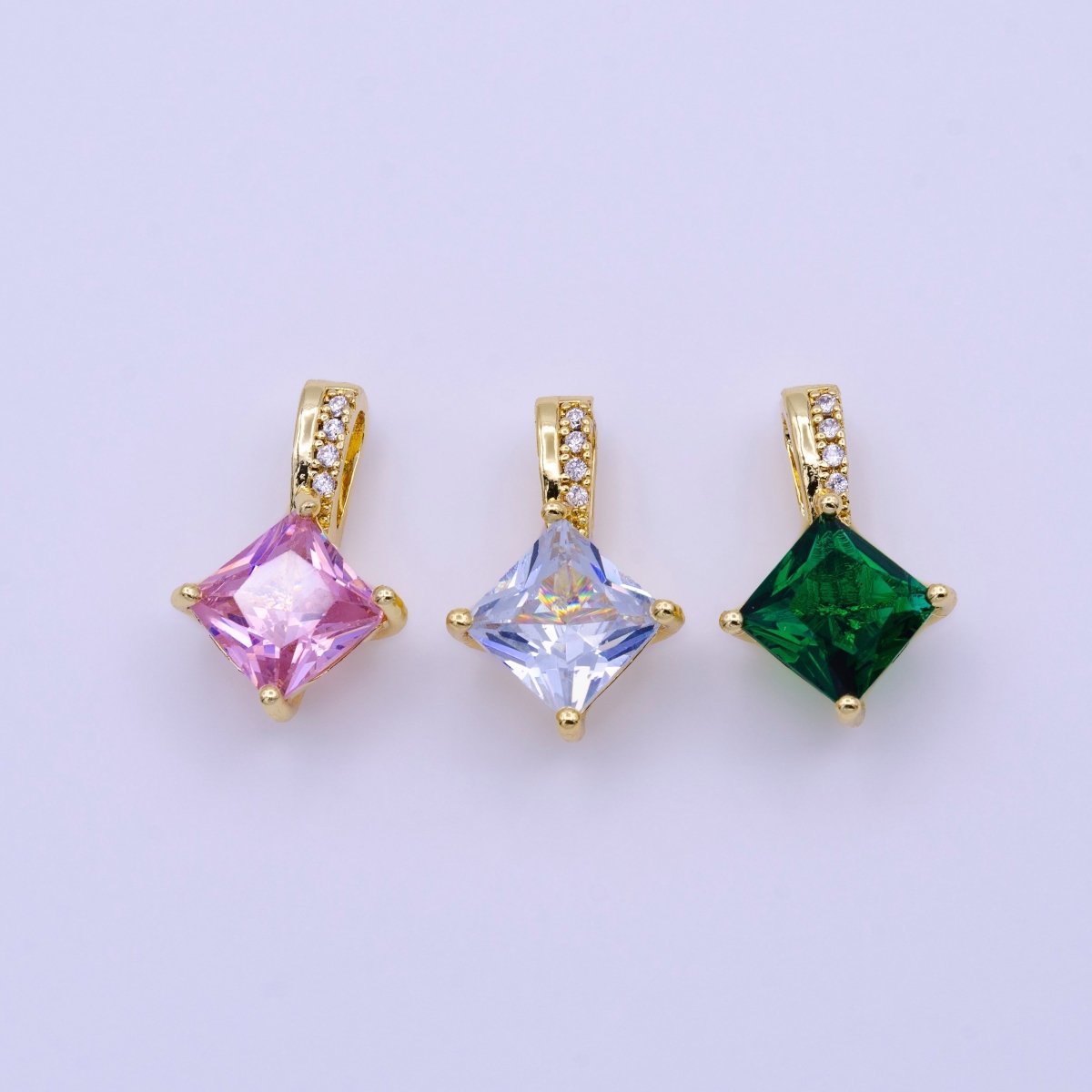 16K Gold plated 20mm Clear, Pink, Green Rhombus CZ Micro Paved Bail Pendant | AA417 - AA419