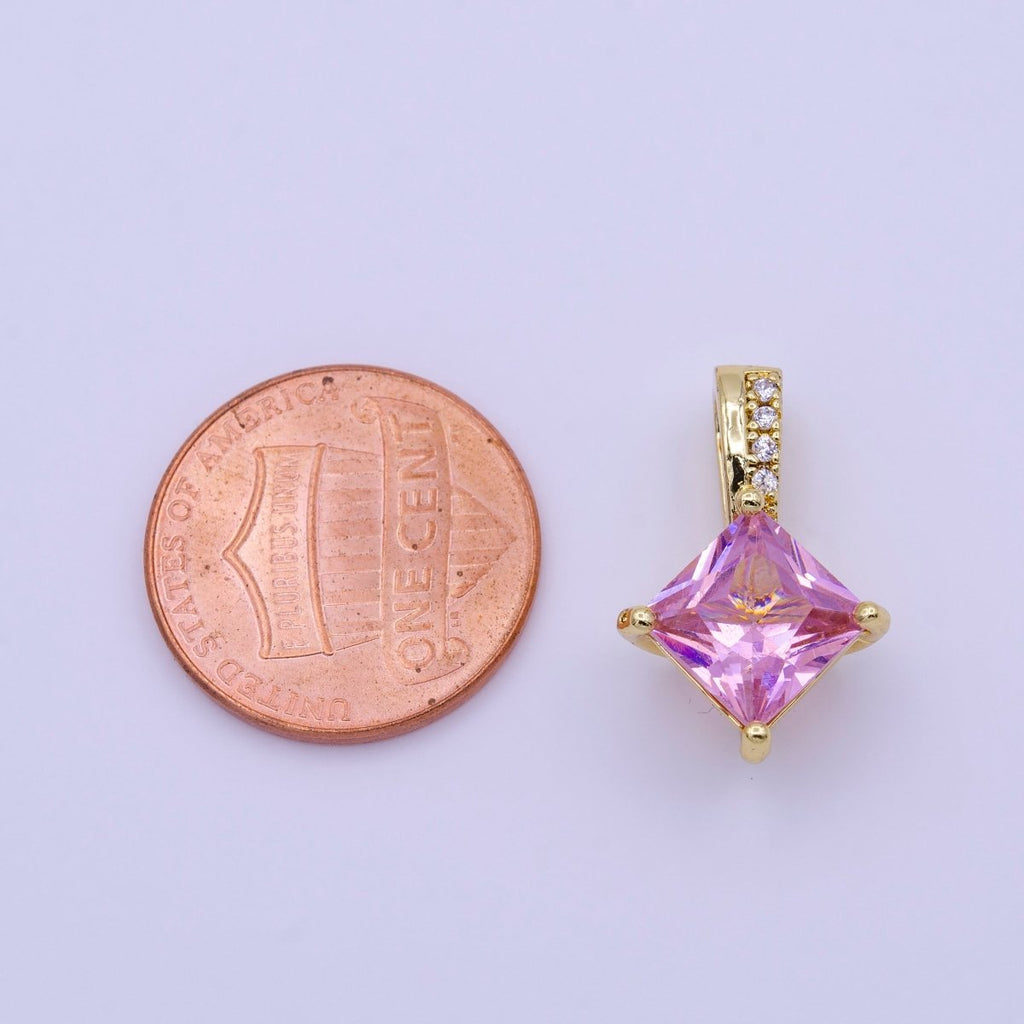 16K Gold plated 20mm Clear, Pink, Green Rhombus CZ Micro Paved Bail Pendant | AA417 - AA419