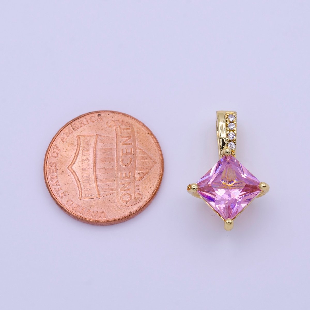 16K Gold plated 20mm Clear, Pink, Green Rhombus CZ Micro Paved Bail Pendant | AA417 - AA419