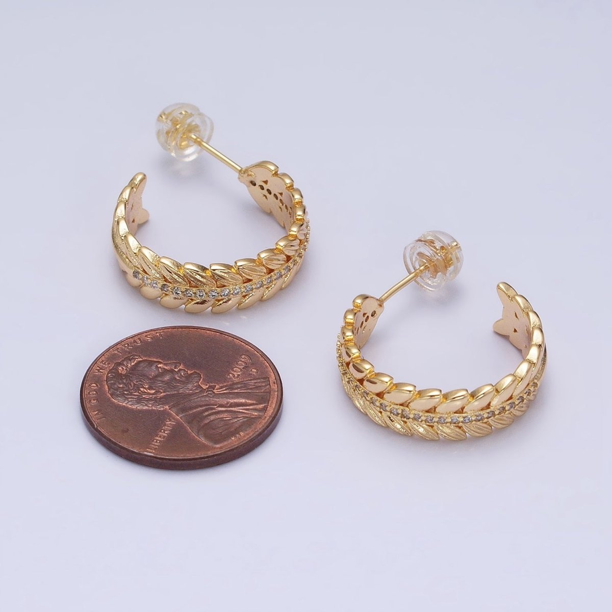 16K Gold plated 20mm Paddy Wheat Palm Leaf Micro Paved C-Shaped Hoop Earrings in Gold & Silver | AD849 AD850