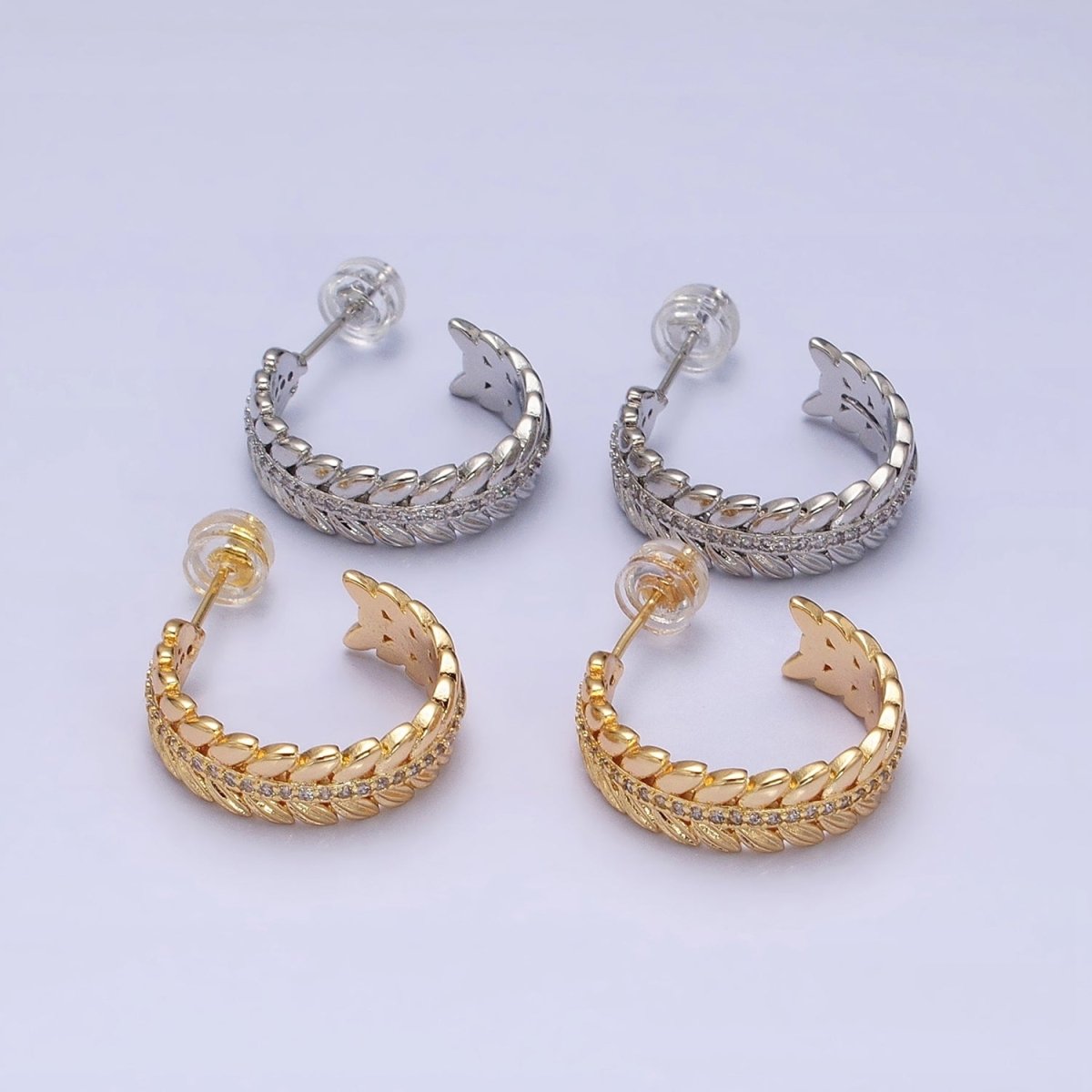16K Gold plated 20mm Paddy Wheat Palm Leaf Micro Paved C-Shaped Hoop Earrings in Gold & Silver | AD849 AD850