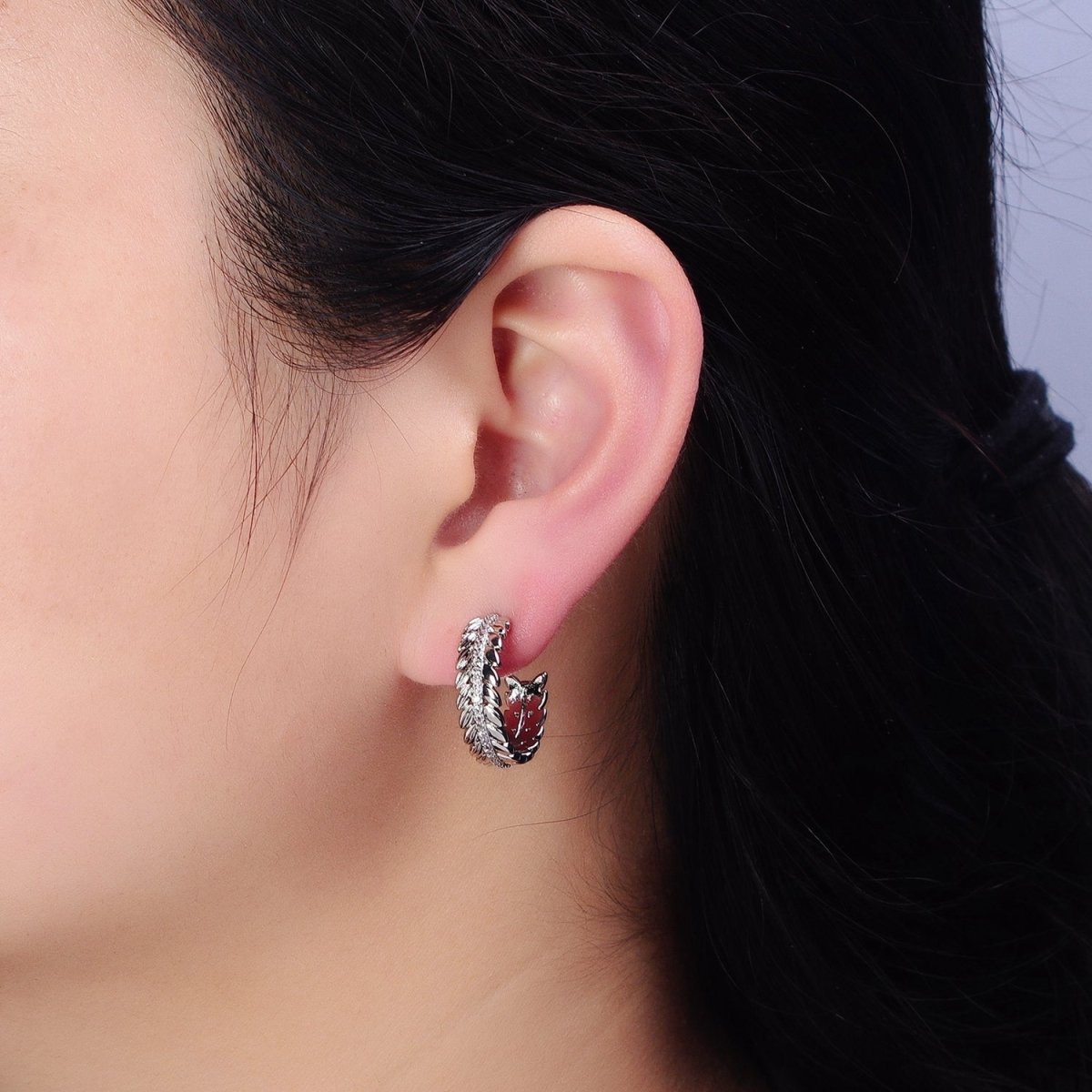16K Gold plated 20mm Paddy Wheat Palm Leaf Micro Paved C-Shaped Hoop Earrings in Gold & Silver | AD849 AD850