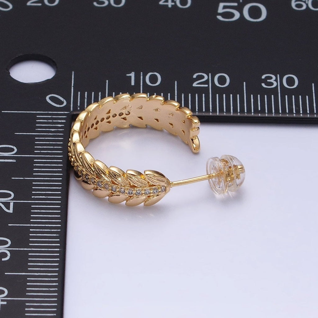 16K Gold plated 20mm Paddy Wheat Palm Leaf Micro Paved C-Shaped Hoop Earrings in Gold & Silver | AD849 AD850