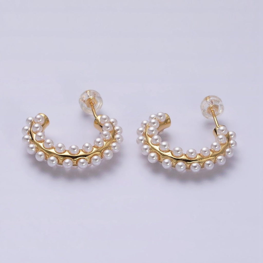 16K Gold plated 20mm Pearl Lined J-Shaped Hoop Earrings in Gold & Silver | AD-371 AD-372
