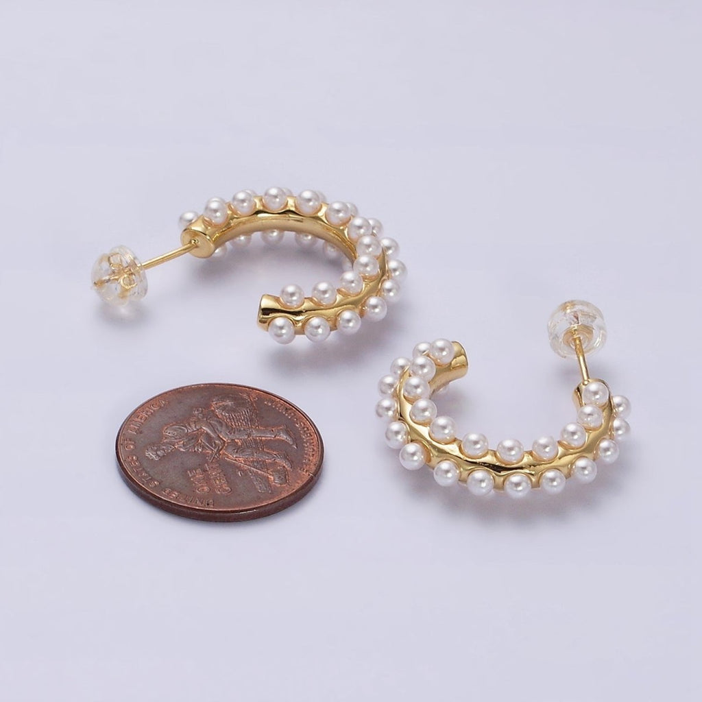 16K Gold plated 20mm Pearl Lined J-Shaped Hoop Earrings in Gold & Silver | AD-371 AD-372