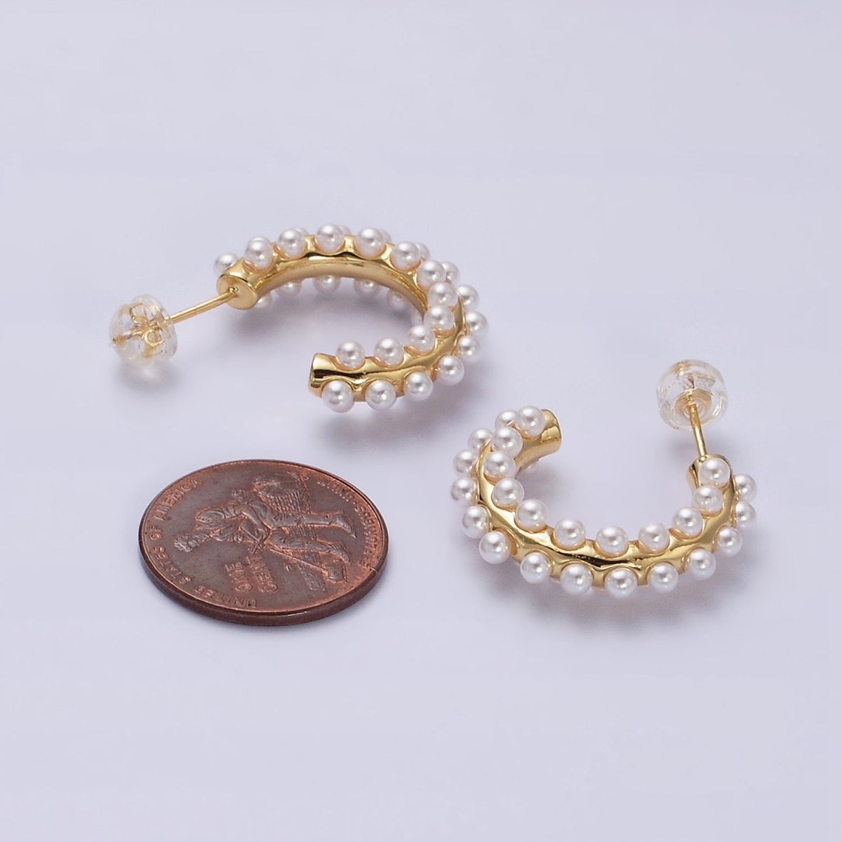 16K Gold plated 20mm Pearl Lined J-Shaped Hoop Earrings in Gold & Silver | AD-371 AD-372