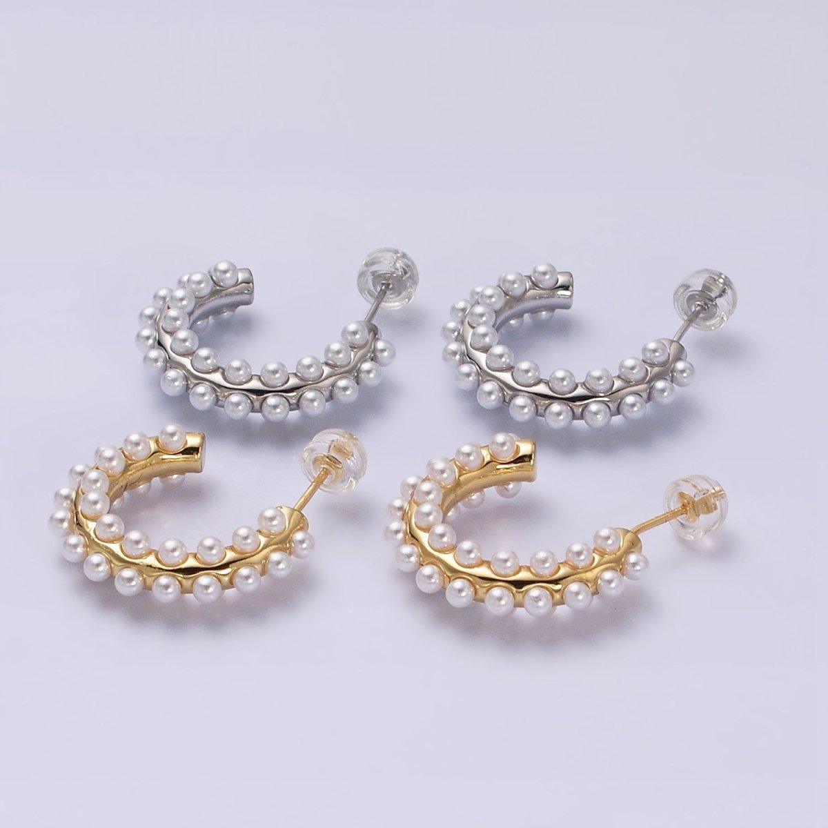 16K Gold plated 20mm Pearl Lined J-Shaped Hoop Earrings in Gold & Silver | AD-371 AD-372