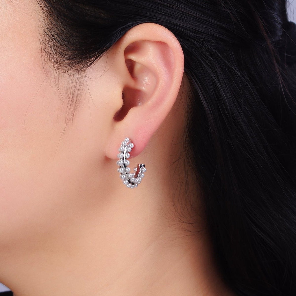 16K Gold plated 20mm Pearl Lined J-Shaped Hoop Earrings in Gold & Silver | AD-371 AD-372