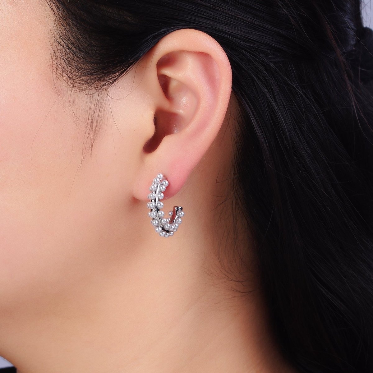 16K Gold plated 20mm Pearl Lined J-Shaped Hoop Earrings in Gold & Silver | AD-371 AD-372