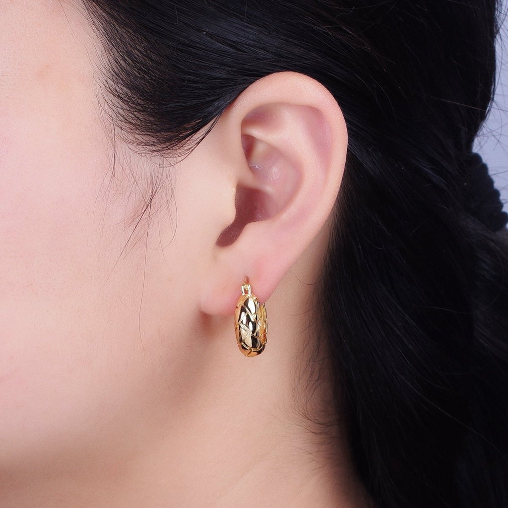 16K Gold plated 20mm Quilt Textured Latch French Lock Hoop Earrings in Gold & Silver | AD814 AD815
