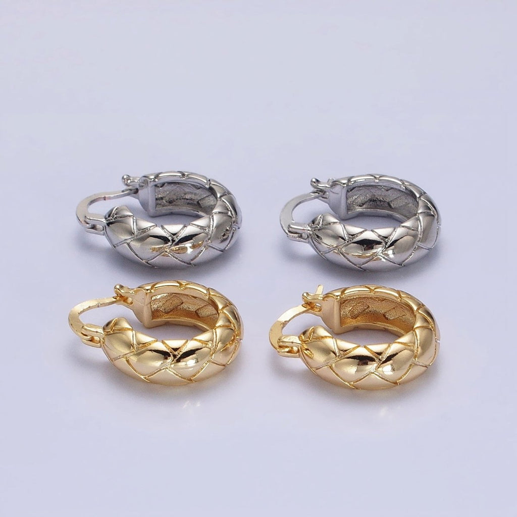 16K Gold plated 20mm Quilt Textured Latch French Lock Hoop Earrings in Gold & Silver | AD814 AD815