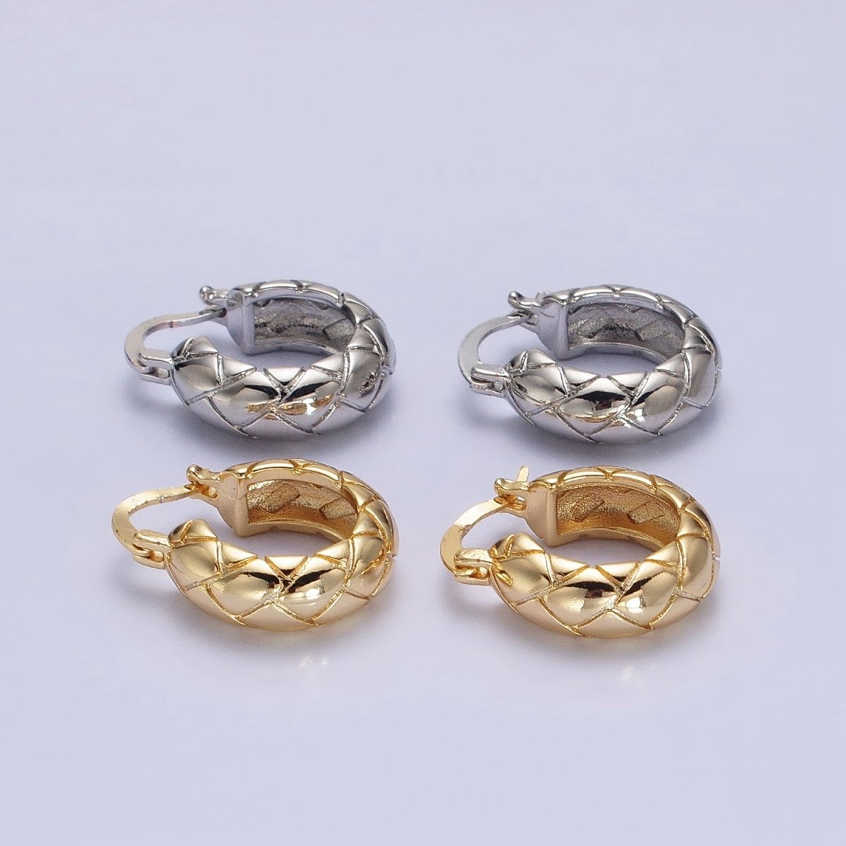 16K Gold plated 20mm Quilt Textured Latch French Lock Hoop Earrings in Gold & Silver | AD814 AD815