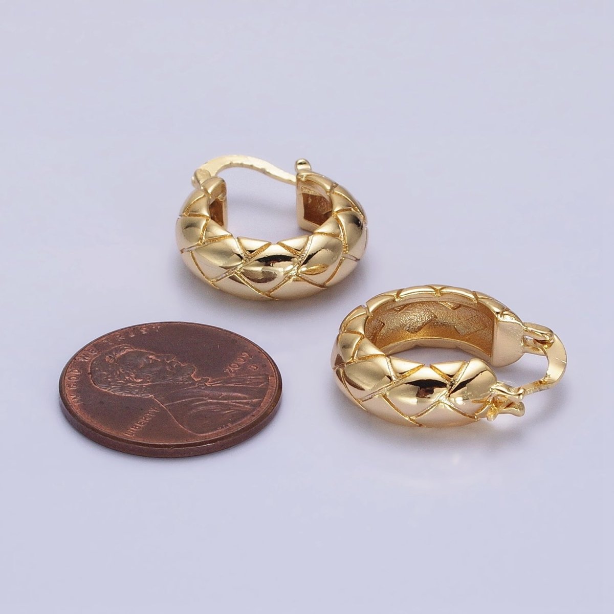 16K Gold plated 20mm Quilt Textured Latch French Lock Hoop Earrings in Gold & Silver | AD814 AD815