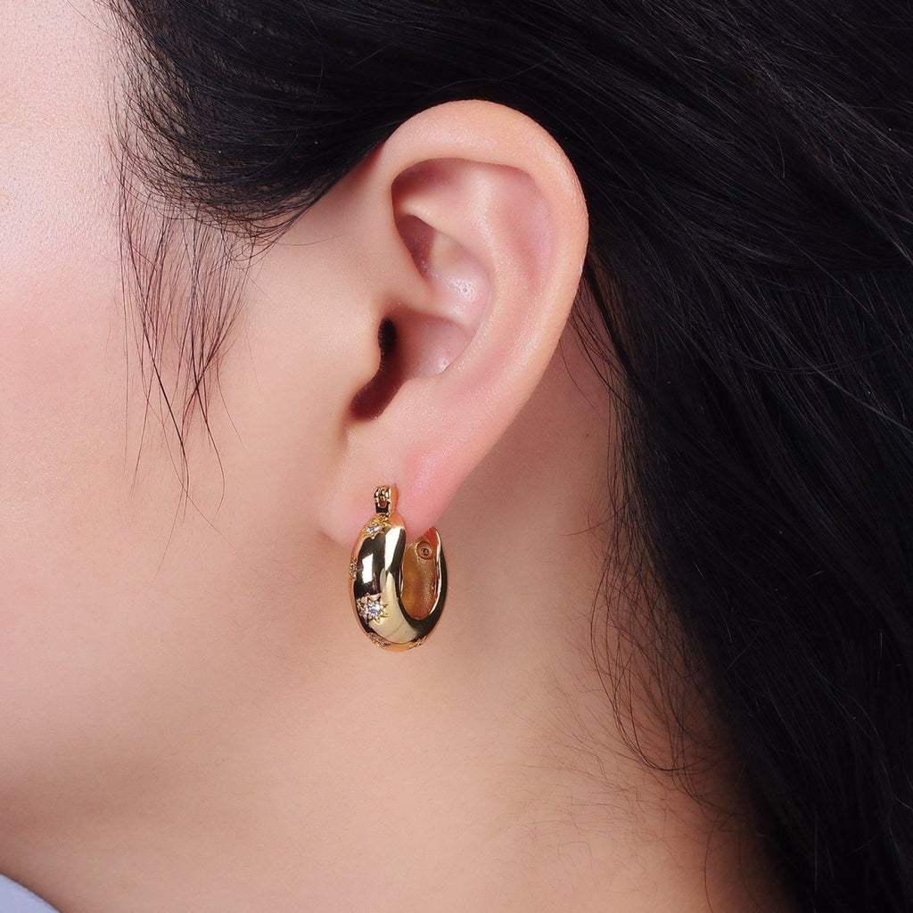 16K Gold plated 20mm Round Dome Celestial Stars CZ French Lock Latch Hoop Earrings in Gold & Silver | AE627 AE628 - DLUXCA