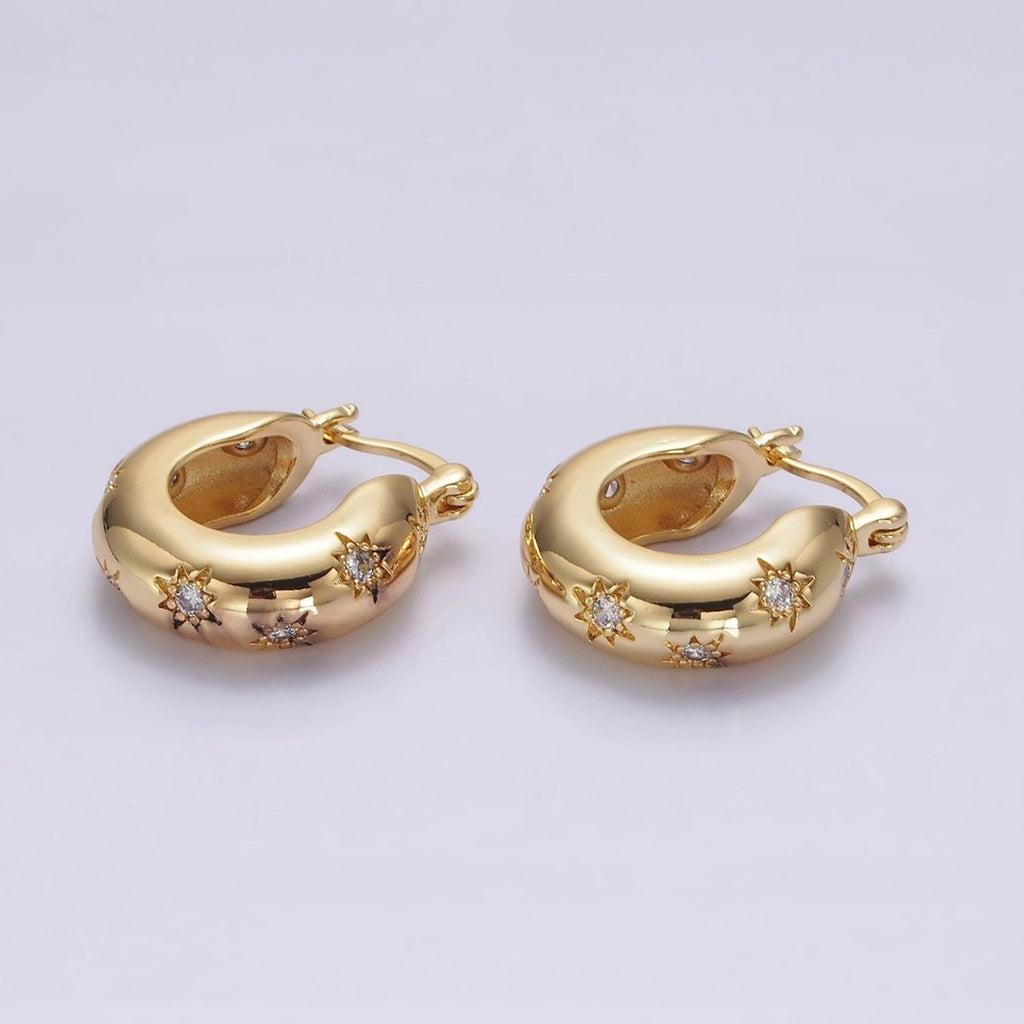 16K Gold plated 20mm Round Dome Celestial Stars CZ French Lock Latch Hoop Earrings in Gold & Silver | AE627 AE628 - DLUXCA