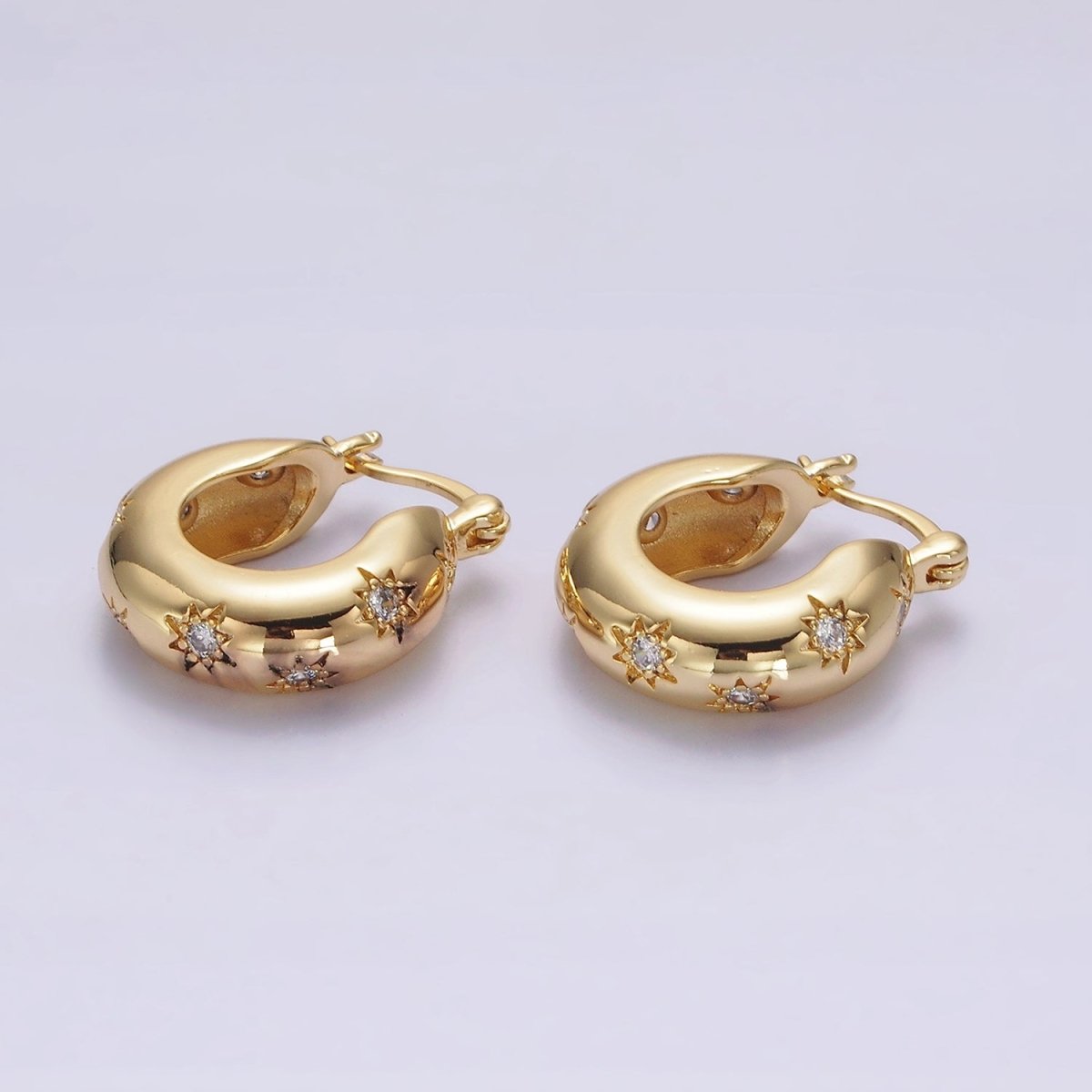 16K Gold plated 20mm Round Dome Celestial Stars CZ French Lock Latch Hoop Earrings in Gold & Silver | AE627 AE628 - DLUXCA