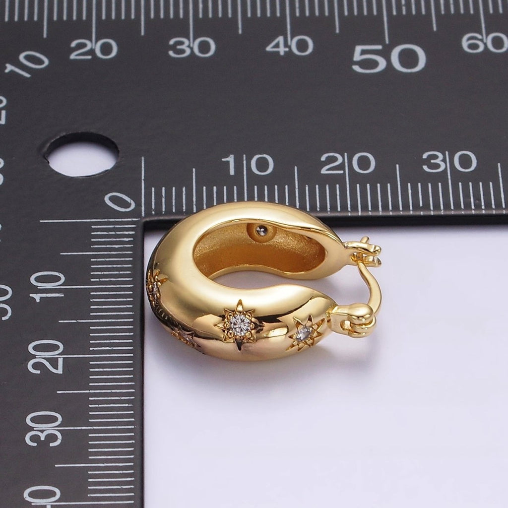 16K Gold plated 20mm Round Dome Celestial Stars CZ French Lock Latch Hoop Earrings in Gold & Silver | AE627 AE628 - DLUXCA