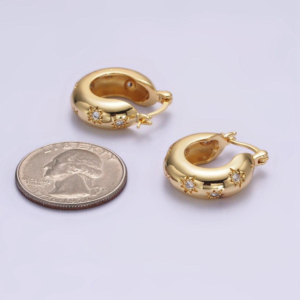 16K Gold plated 20mm Round Dome Celestial Stars CZ French Lock Latch Hoop Earrings in Gold & Silver | AE627 AE628 - DLUXCA