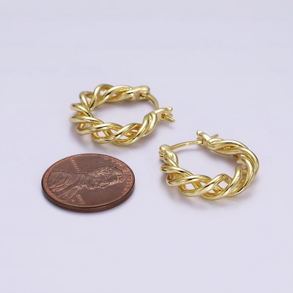 16K Gold plated 20mm Twisted Earring Statement Rope French Lock Latch Hoop Earrings | AE632 - DLUXCA