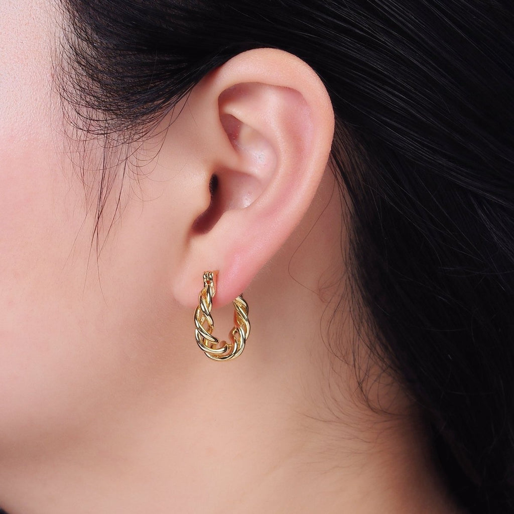 16K Gold plated 20mm Twisted Earring Statement Rope French Lock Latch Hoop Earrings | AE632 - DLUXCA