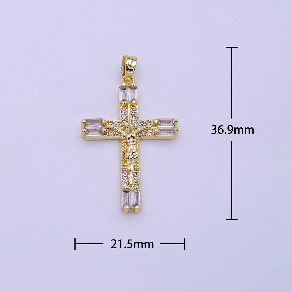 16K Gold plated 21.5mm, 17.5mm Crucifix Cross Baguette CZ Pendant | AA413 AA414