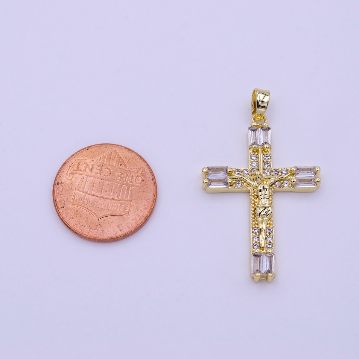 16K Gold plated 21.5mm, 17.5mm Crucifix Cross Baguette CZ Pendant | AA413 AA414