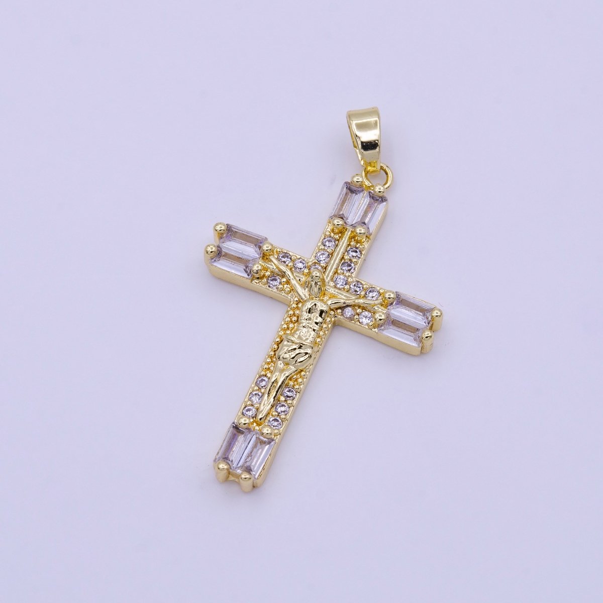 16K Gold plated 21.5mm, 17.5mm Crucifix Cross Baguette CZ Pendant | AA413 AA414