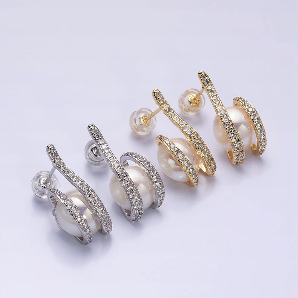 16K Gold plated 21.5mm Iridescent Shell Pearl Micro Paved CZ Claw Drop Stud Earrings in Gold & Silver | AD972 AD973 - DLUXCA