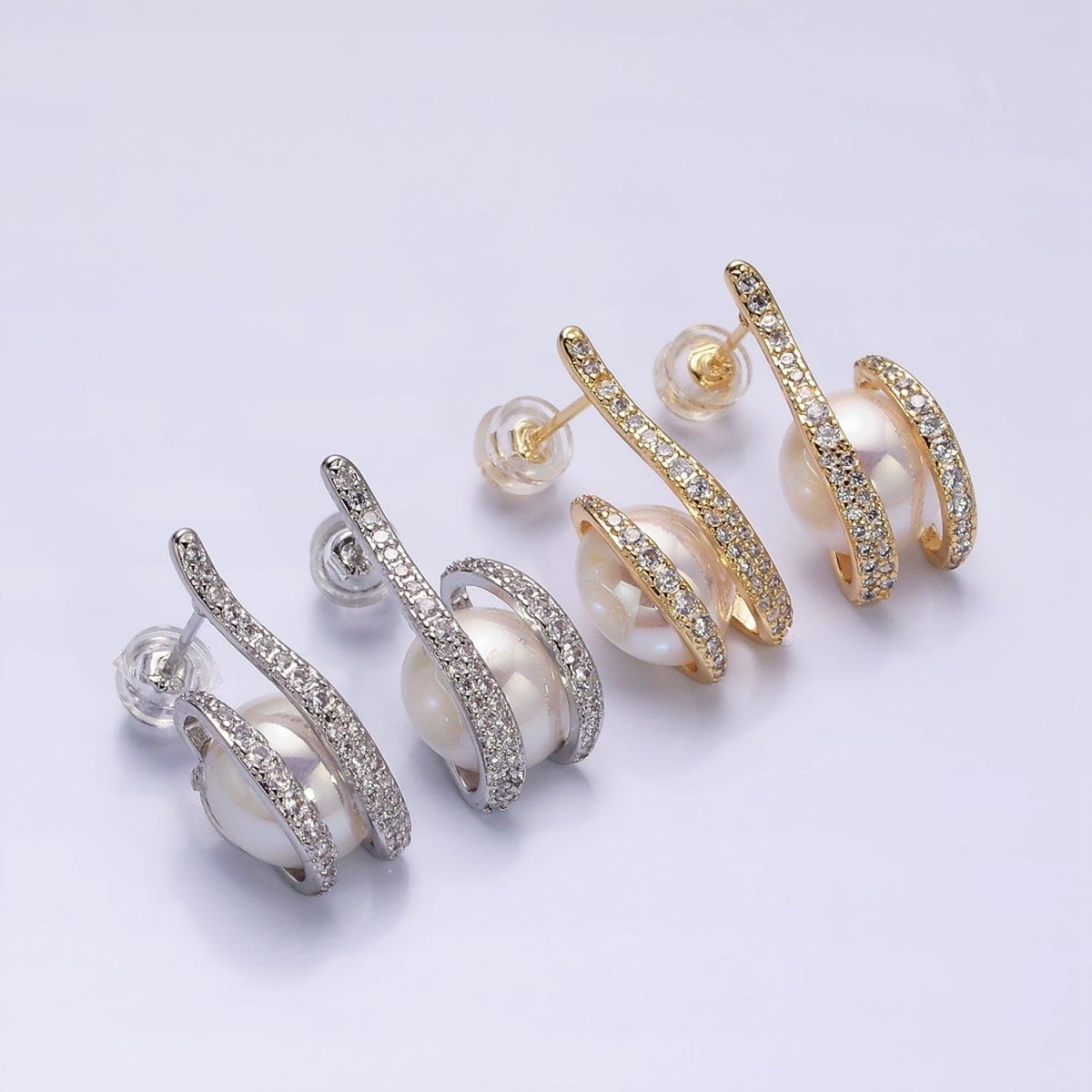 16K Gold plated 21.5mm Iridescent Shell Pearl Micro Paved CZ Claw Drop Stud Earrings in Gold & Silver | AD972 AD973 - DLUXCA