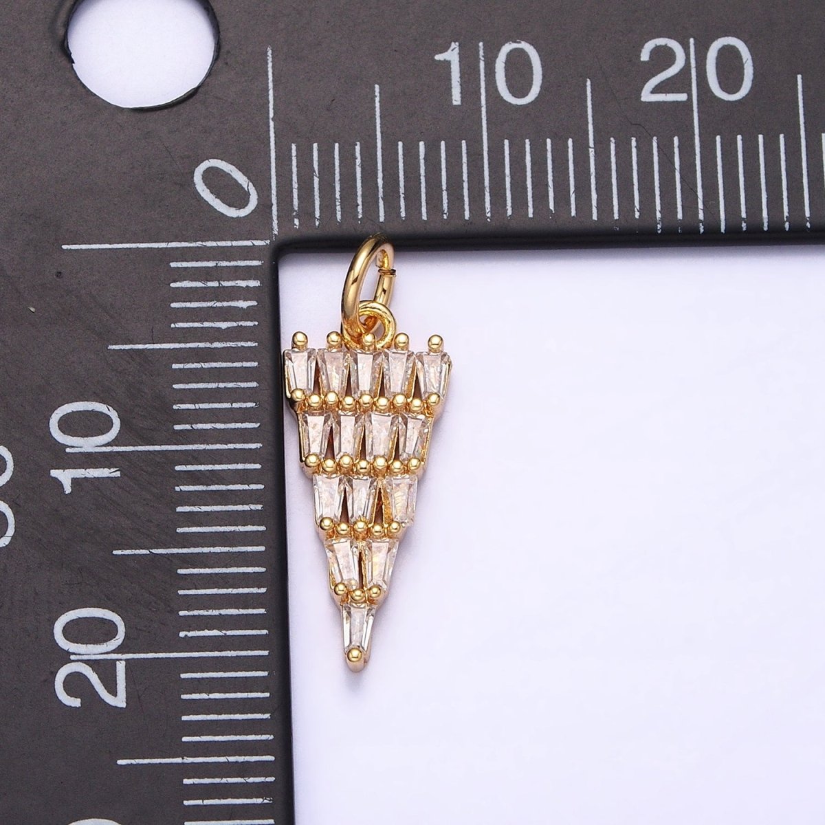 16K Gold plated 21.5mm Triangle Baguette Clear CZ Charm in Gold & Silver | AC1223 AC1224