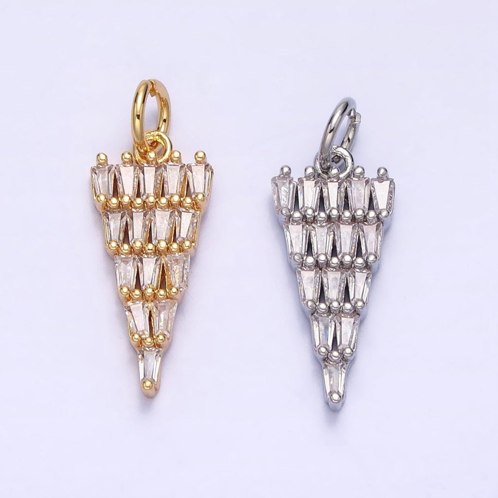 16K Gold plated 21.5mm Triangle Baguette Clear CZ Charm in Gold & Silver | AC1223 AC1224