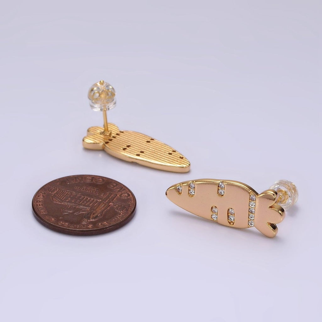 16K Gold plated 23mm Clear Micro Paved CZ Carrot Fruit Stud Earrings | V050 - DLUXCA