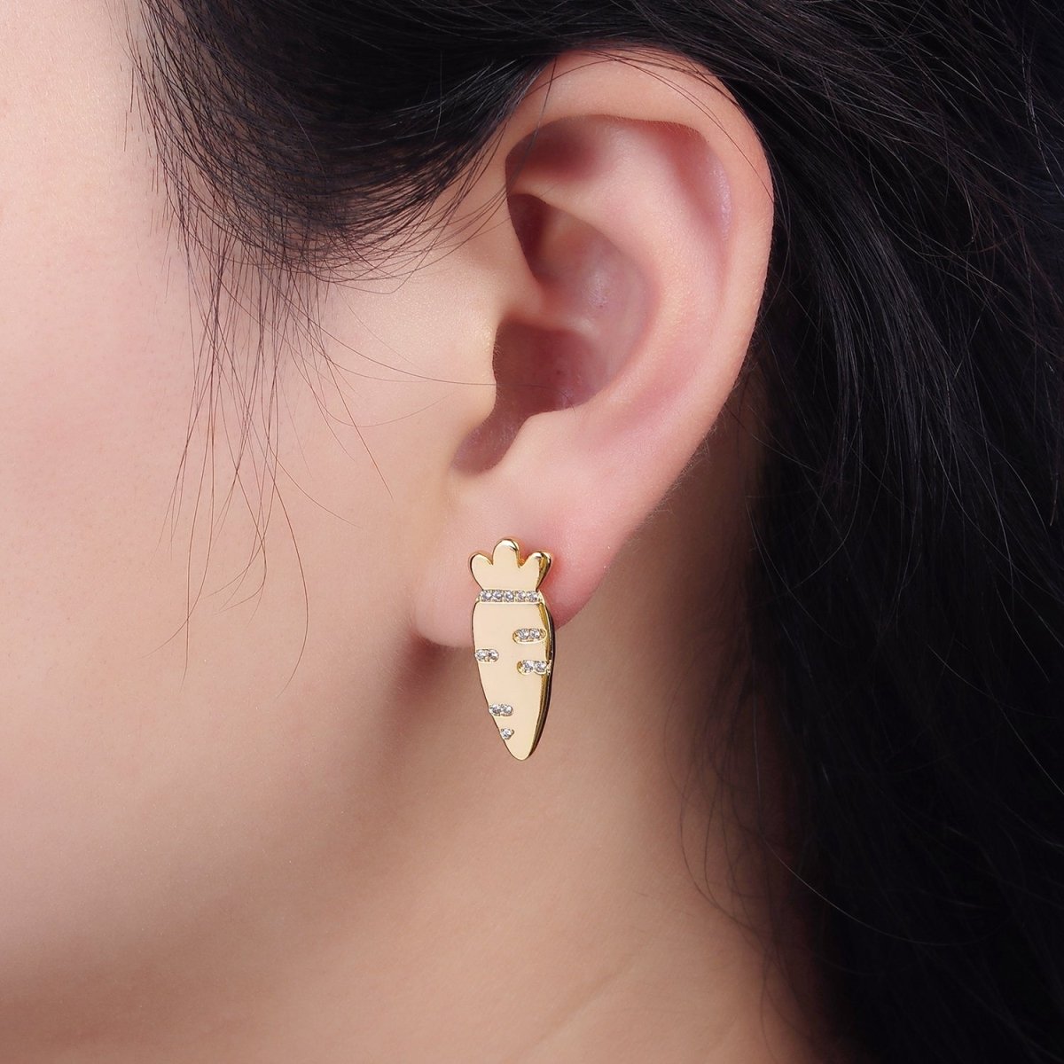 16K Gold plated 23mm Clear Micro Paved CZ Carrot Fruit Stud Earrings | V050 - DLUXCA