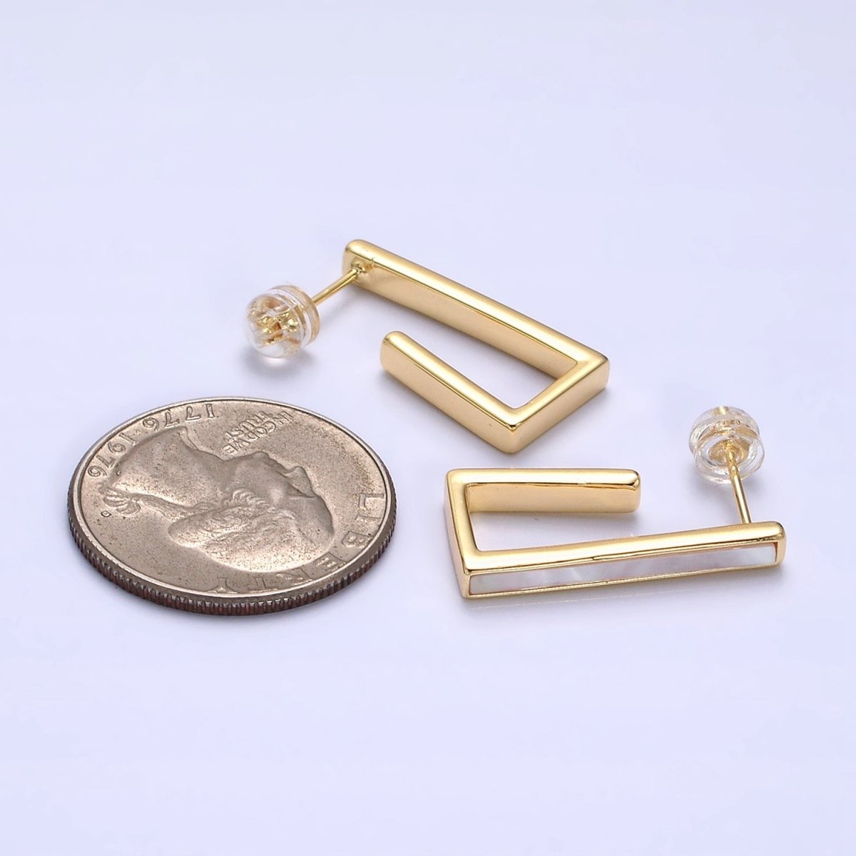 16K Gold plated 24.5mm Shell Pearl Lined Boxy J-Shaped Hoop Earrings in Gold & Silver | Y801 Y802 - DLUXCA