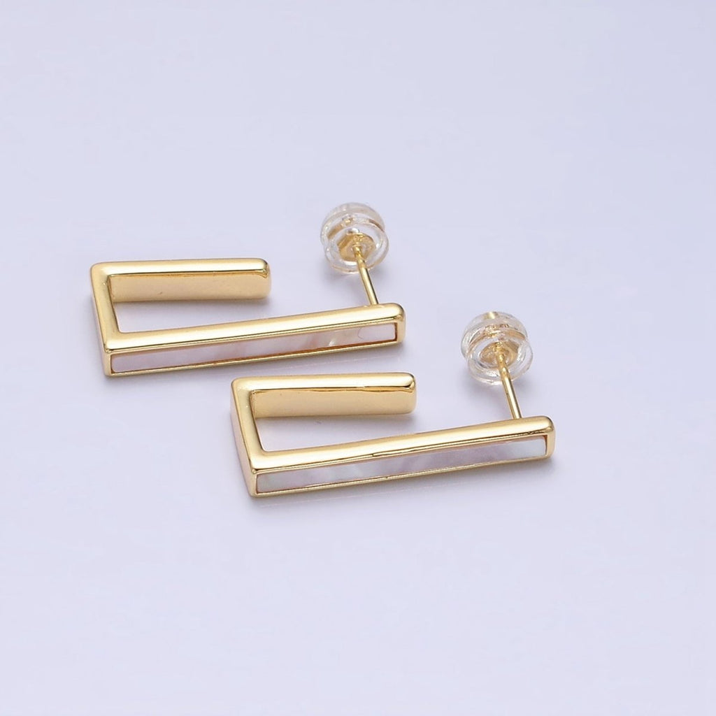 16K Gold plated 24.5mm Shell Pearl Lined Boxy J-Shaped Hoop Earrings in Gold & Silver | Y801 Y802 - DLUXCA