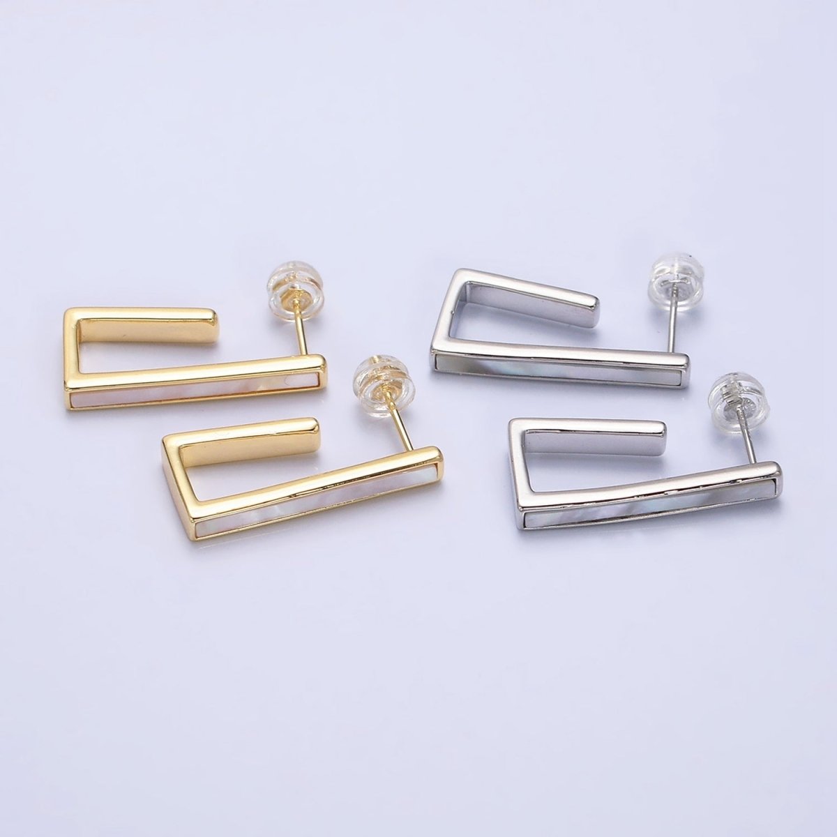 16K Gold plated 24.5mm Shell Pearl Lined Boxy J-Shaped Hoop Earrings in Gold & Silver | Y801 Y802 - DLUXCA