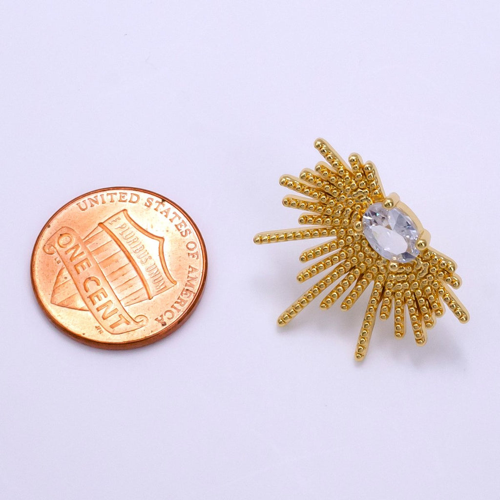 16K Gold plated 24mm Clear Oval CZ Geometric Sunburst Drop Stud Earrings | Clearance - DLUXCA
