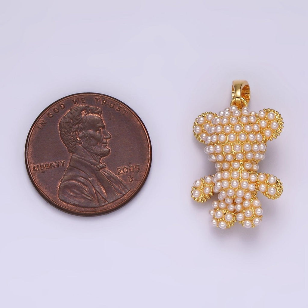 16K Gold plated 24mm Pearl Dotted Heart Teddy Bear Animal Pendant | AH083 - DLUXCA
