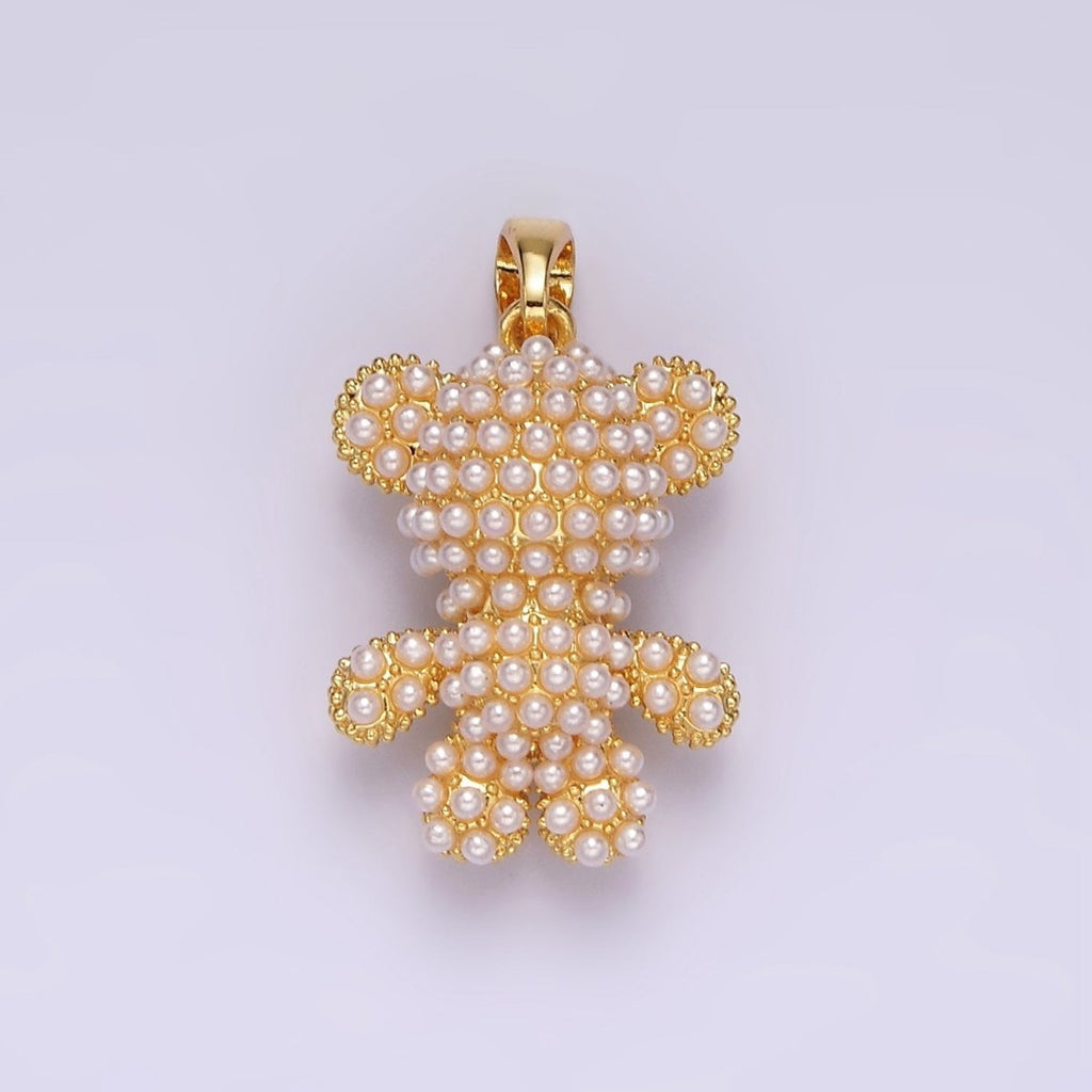 16K Gold plated 24mm Pearl Dotted Heart Teddy Bear Animal Pendant | AH083 - DLUXCA