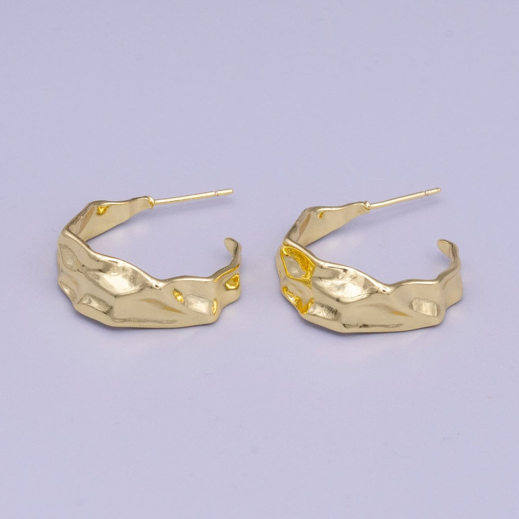 16K Gold plated 25.5mm Hammered Abstract C-Shaped Hoop Earrings | AE053 - DLUXCA