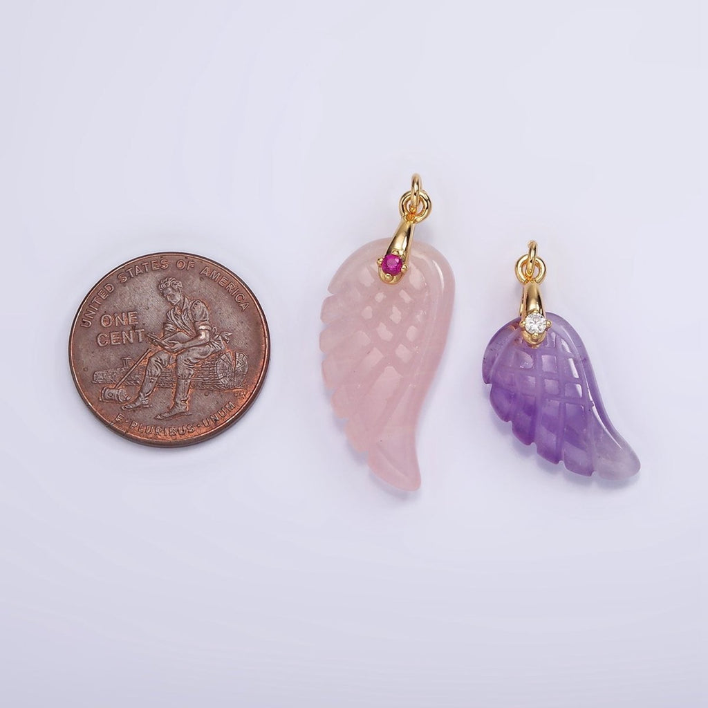 16K Gold plated 25mm Amethyst Feather Wings CZ Bail Charm | AG298 - DLUXCA