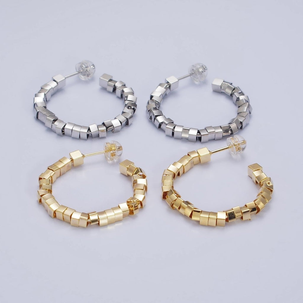 16K Gold plated 25mm Cube Bead C-Shaped Hoop Earrings in Gold & Silver | AE027 AE028