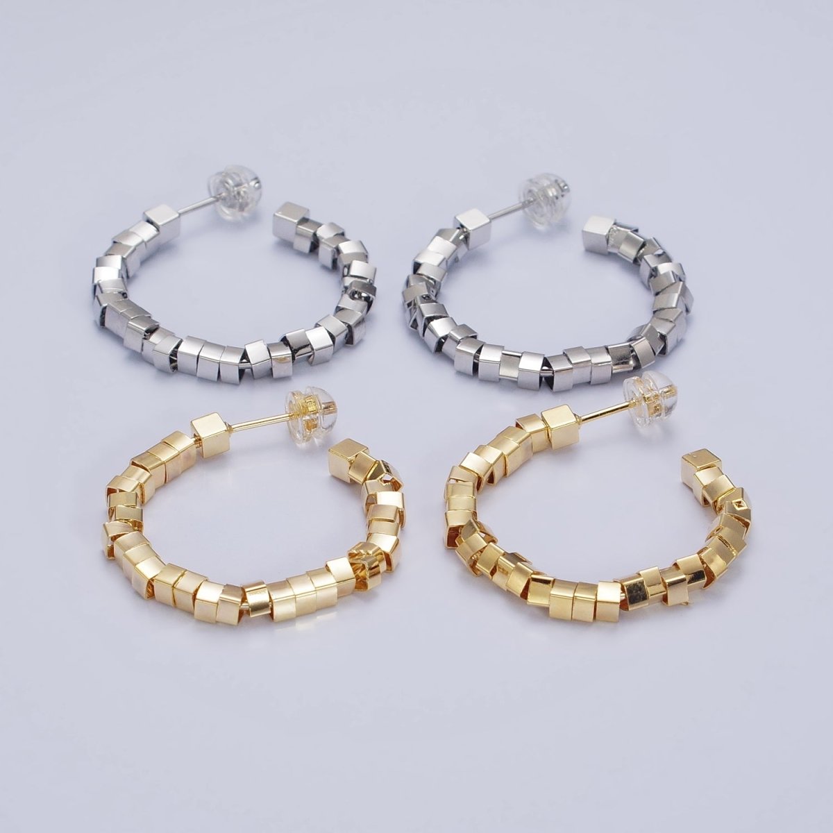 16K Gold plated 25mm Cube Bead C-Shaped Hoop Earrings in Gold & Silver | AE027 AE028
