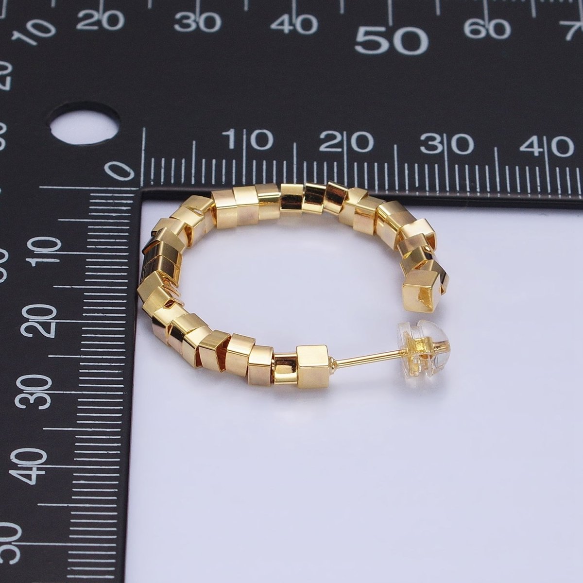 16K Gold plated 25mm Cube Bead C-Shaped Hoop Earrings in Gold & Silver | AE027 AE028